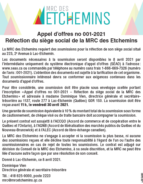 Appel d'offre réfection siège social de la MRC